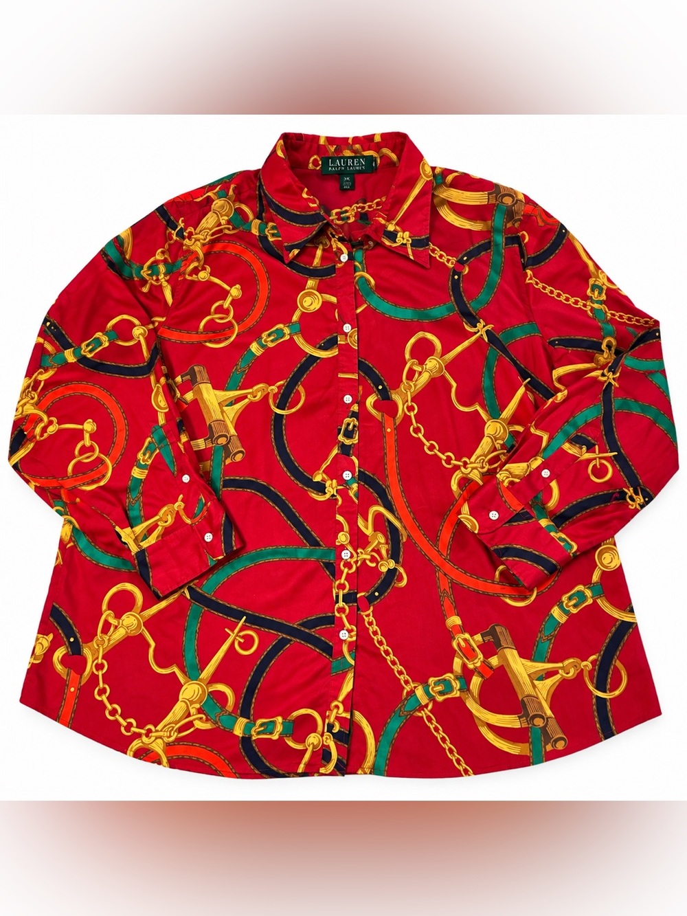 Lauren Ralph Lauren 3X Red Equestrian Chain Print Button Down Shirt Horsebit